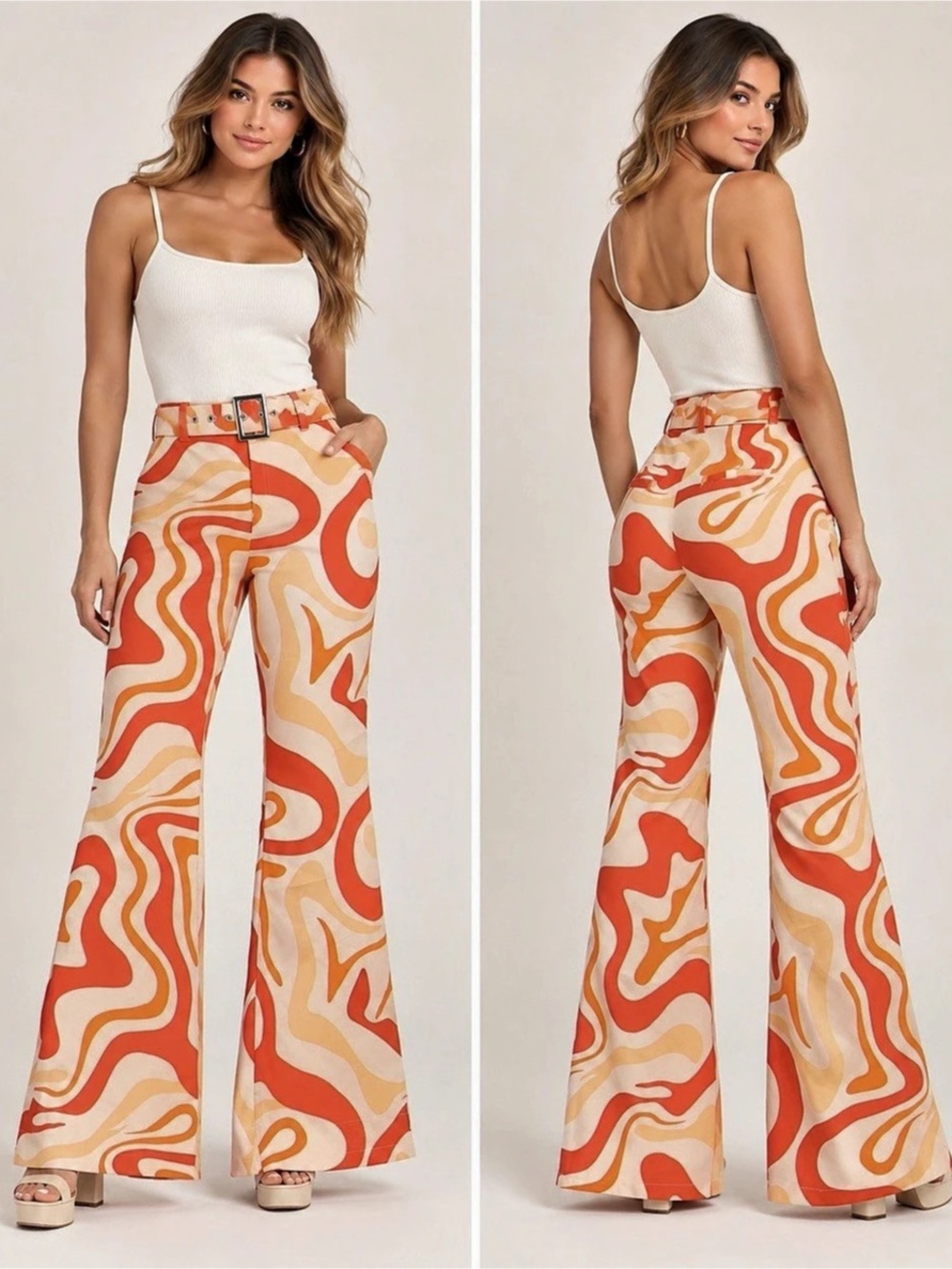 CIDER Abstract Wide Leg Pants in Orange & White Size Small NWT